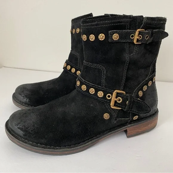 UGG Fabrizia Black Suede Studded Moto Boots 7.5 - Picture 2 of 11